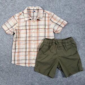 Boys Summer Outfit Set Plaid Shirt + Green Shorts Size 5T/XS 4-5 EUC